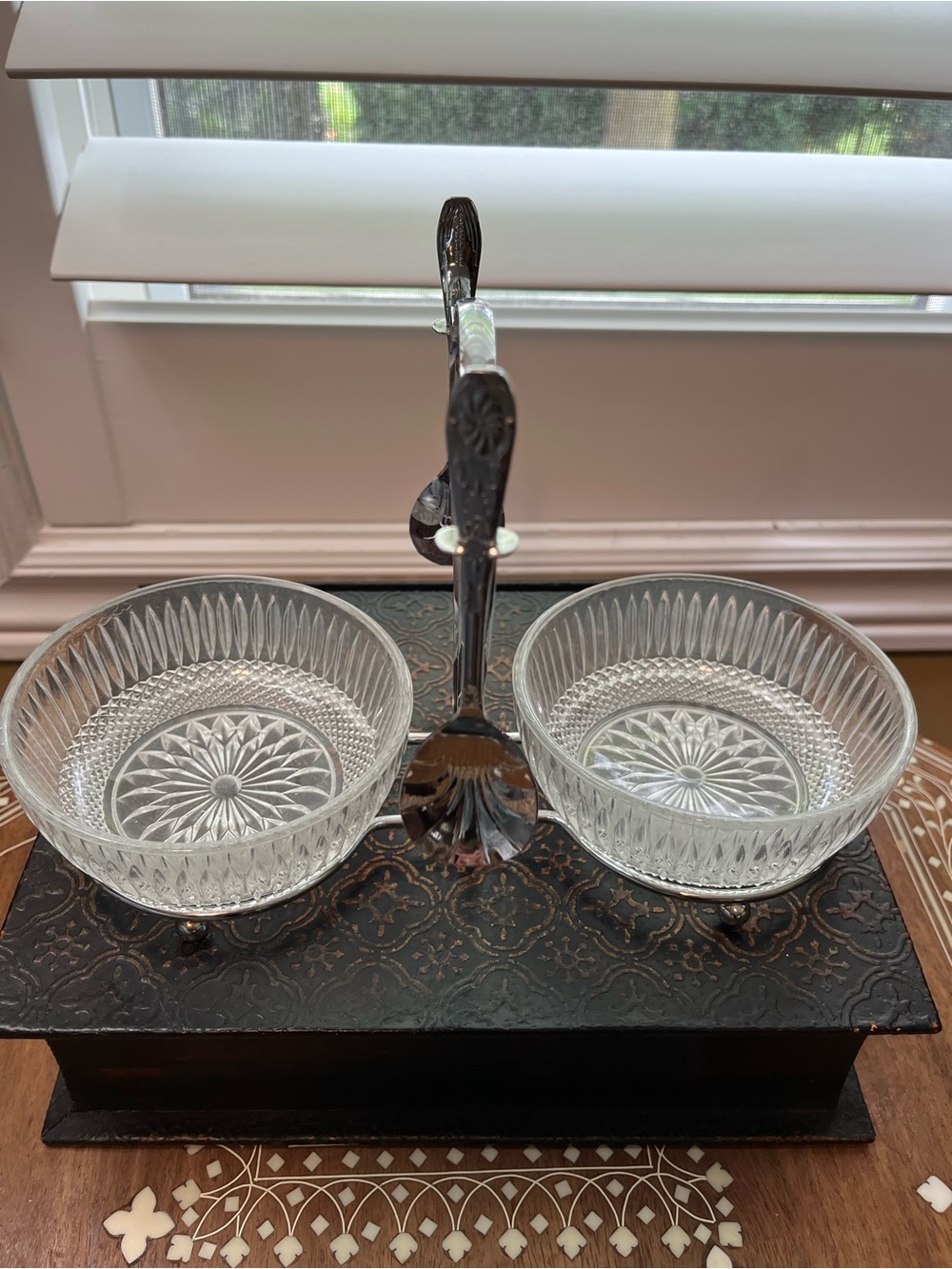 Vintage Glass Double Condiment Server with Spoons